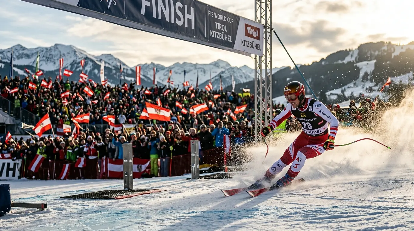 Skirennläufer im Zieleinlauf beim Weltcup in Tirol